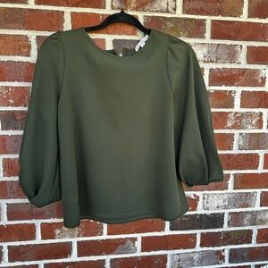 Green Envelope Olive Blouse Top Women's Bishop Sleeve Career Party Zipper Medium